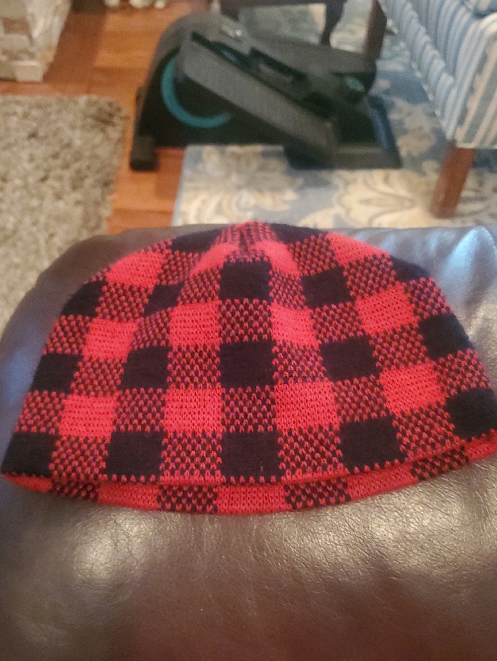 Red and Black Check Knit Beanie